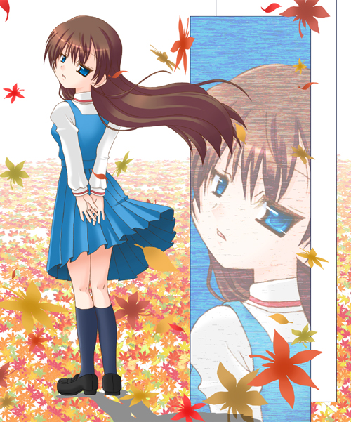 :d arms_behind_back autumn_leaves blue_dress blue_eyes blush dress full_body loafers long_hair long_sleeves looking_at_viewer open_mouth own_hands_together parted_lips ponytail school_uniform shirt shoes smile solo standing true_tears v_arms very_long_hair white_shirt yuasa_hiromi zoom_layer