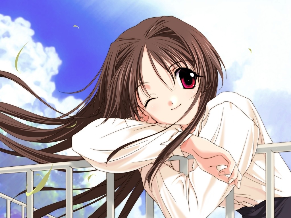 brown_hair cloud day happy_lesson ichimonji_mutsuki long_hair one_eye_closed railing red_eyes sasaki_mutsumi shirt sky smile solo wallpaper wind