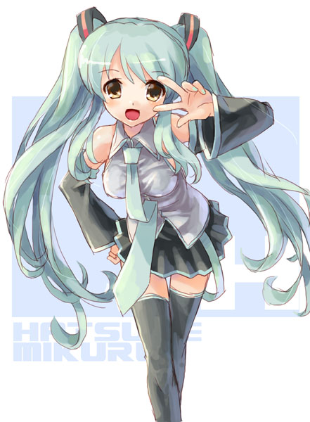 aqua_hair asahina_mikuru cosplay detached_sleeves hatsune_miku hatsune_miku_(cosplay) katahira_masashi long_hair necktie solo suzumiya_haruhi_no_yuuutsu thighhighs twintails very_long_hair vocaloid zettai_ryouiki