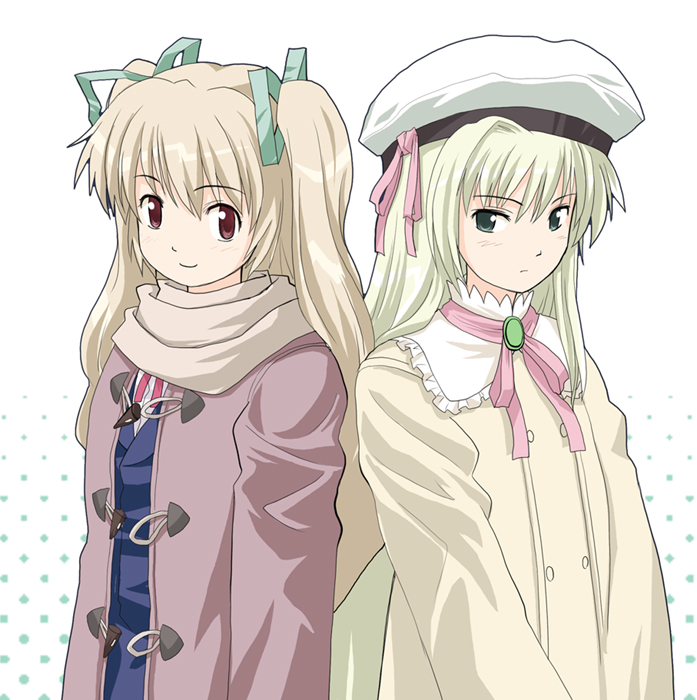 brooch brown_scarf coat duffel_coat gem green_eyes green_ribbon hair_ribbon haniwa_(leaf_garden) hat jewelry long_hair long_sleeves looking_at_viewer multiple_girls open_clothes open_coat original red_eyes ribbon scarf simple_background sweater twintails very_long_hair white_background winter_clothes winter_coat