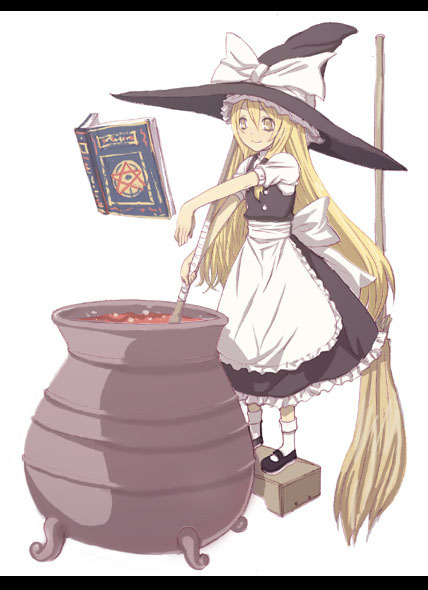 apron blonde_hair book bow broom cauldron cooking frills fujii_toshiaki full_body hat kirisame_marisa letterboxed long_hair mary_janes oversized_object pot shoes simple_background solo touhou witch_hat