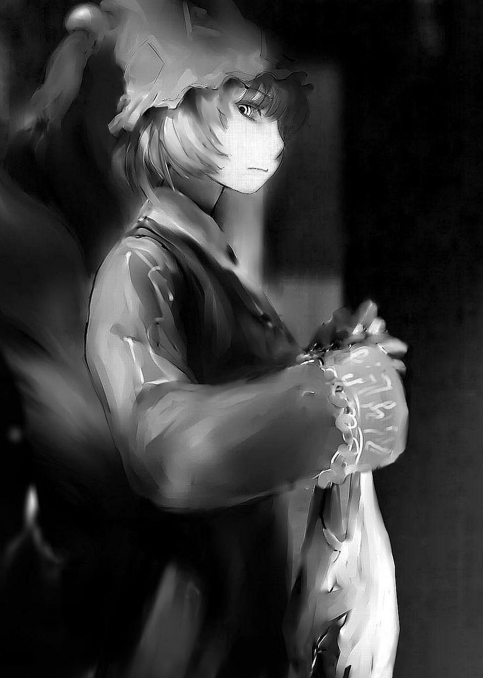 closed_mouth dress expressionless from_side futon_(kitsune_tsuki) greyscale hat highres holding long_sleeves looking_at_viewer monochrome pillow_hat profile short_hair solo tabard tassel touhou wide_sleeves yakumo_ran