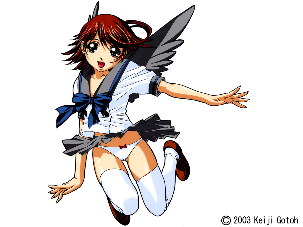 gotou_keiji original panties pantyshot school_uniform solo thighhighs underwear wings