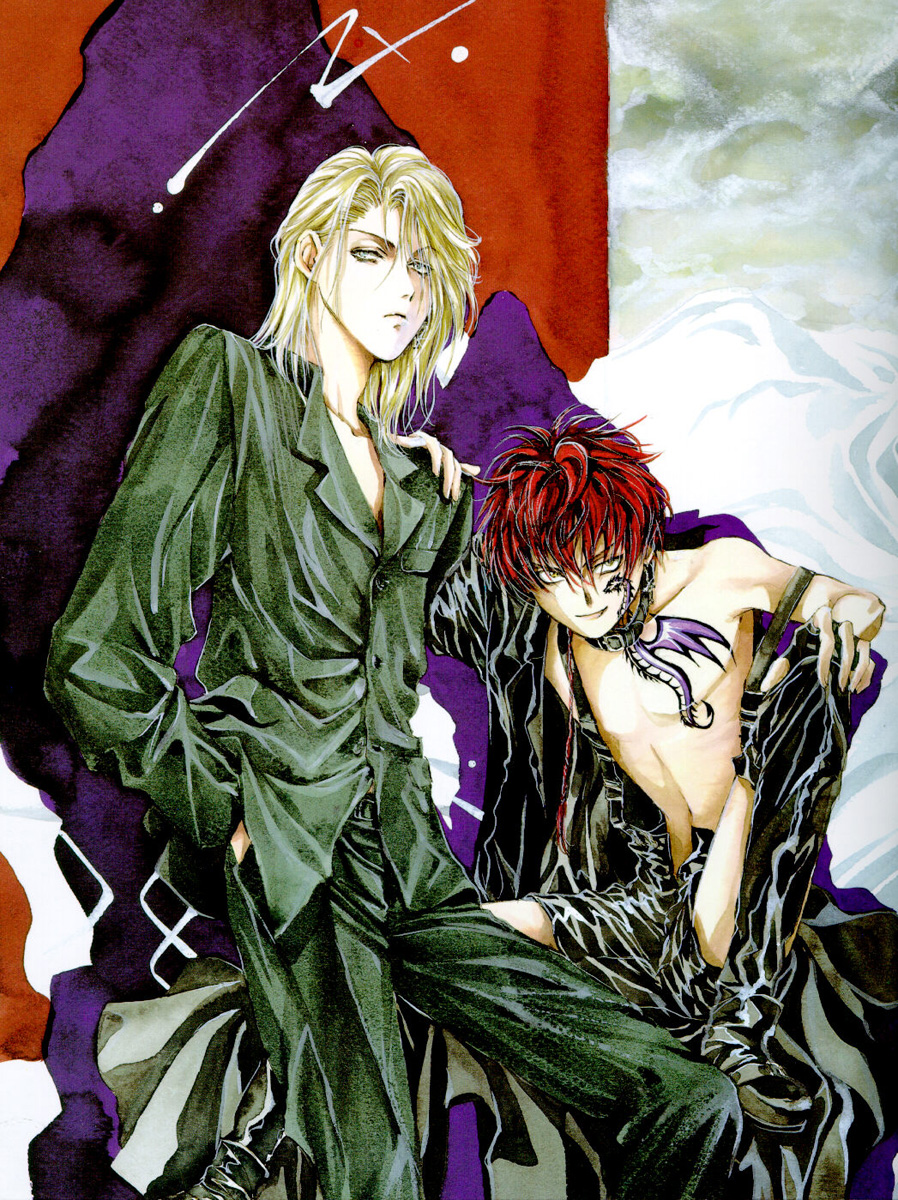 angel_cage angel_sanctuary artbook black_legwear blonde_hair boots collar dragon fingerless_gloves frown gloves hand_in_pocket highres leather male_focus michael_(angel_sanctuary) multiple_boys official_art open_fly raphael_(angel_sanctuary) red_hair scan shorts sitting smile spiked_hair spread_legs standing strap_slip suspenders tattoo thigh_boots thighhighs unzipped yuki_kaori