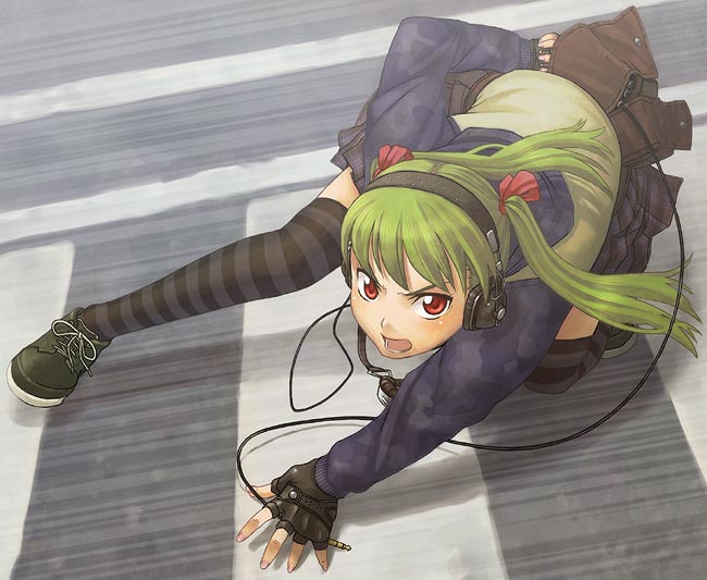 action all_fours angry fighting_stance fingerless_gloves gloves green_hair headphones itou_(onsoku_tassha) open_mouth original red_eyes ribbon solo striped striped_legwear thighhighs twintails