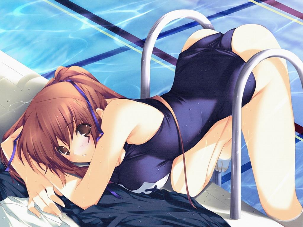 ass blush breast_rest breasts brown_eyes brown_hair dead_or_alive from_above iizuki_tasuku kasumi_(doa) large_breasts long_hair looking_at_viewer name_tag one-piece_swimsuit parted_lips ponytail pool pool_ladder poolside ribbon school_swimsuit solo swimsuit top-down_bottom-up water wet