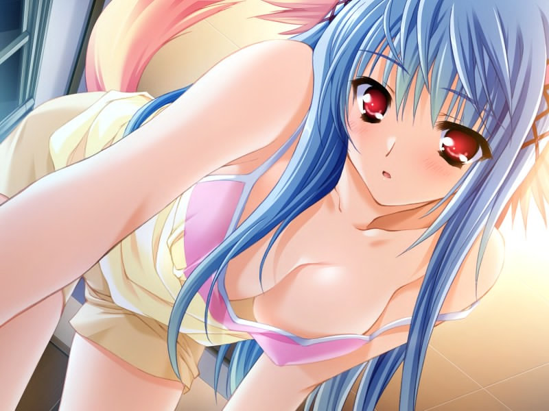 animal_ears bent_over blue_hair blush breasts camisole cleavage covered_nipples downblouse dutch_angle game_cg large_breasts long_hair moekibara_fumitake no_bra nursery_rhyme red_eyes shikishima_krile shorts solo strap_slip tail