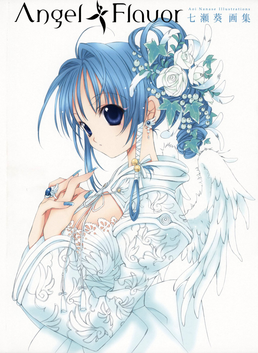 angel_flavor artbook bell blue_eyes blue_hair earrings hair_ornament highres jewelry nanase_aoi solo wings