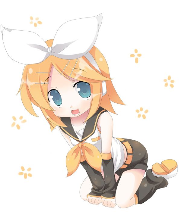 :d arm_warmers bangs belt between_legs black_shorts blonde_hair blue_eyes blush bow full_body hair_bow hair_ornament hairclip hand_between_legs headphones kagamine_rin kneeling leg_warmers looking_at_viewer omiso_(omiso) open_mouth ribbon sailor_collar short_hair shorts sleeveless smile solo swept_bangs vocaloid white_background white_bow yellow_ribbon