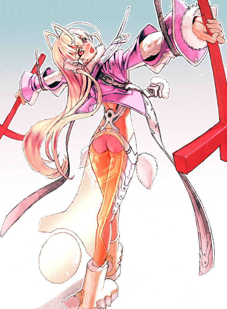 ass blonde_hair blush bodysuit dual_wielding holding holding_weapon jacket long_hair long_sleeves looking_at_viewer looking_back orange_bodysuit original outstretched_arms pink_jacket pose red_eyes sanbasou skin_tight solo very_long_hair weapon