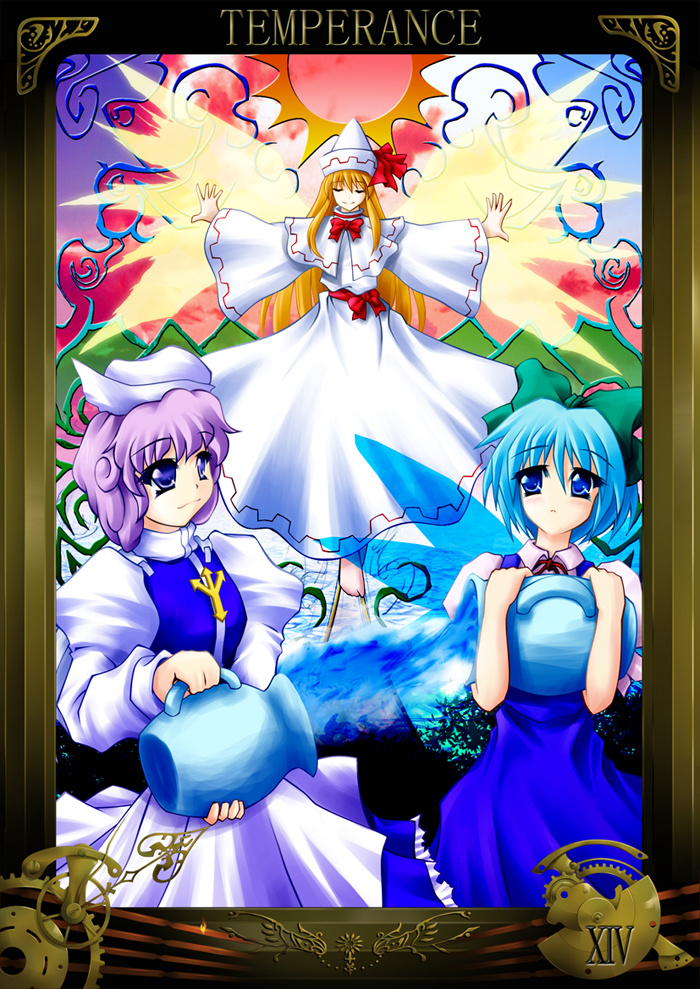 artist_request blonde_hair blue_dress blue_eyes blue_hair bow bowtie cirno crystal dress hat ice ice_wings jar lavender_hair letty_whiterock lily_white long_sleeves looking_at_viewer mob_cap multiple_girls outstretched_arms puffy_short_sleeves puffy_sleeves red_bow red_neckwear short_sleeves splashing tarot tate_eboshi touhou water wings