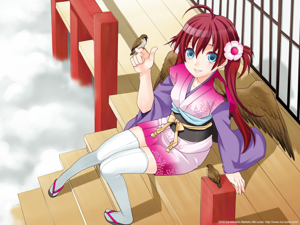 above_clouds ahoge animal animal_on_shoulder bird bird_on_hand bird_on_shoulder blue_eyes cloud flower hair_flower hair_ornament japanese_clothes long_hair mattaku_mousuke original pigeon-toed sitting sitting_on_stairs smile solo sparrow stairs thighhighs twintails wings zettai_ryouiki
