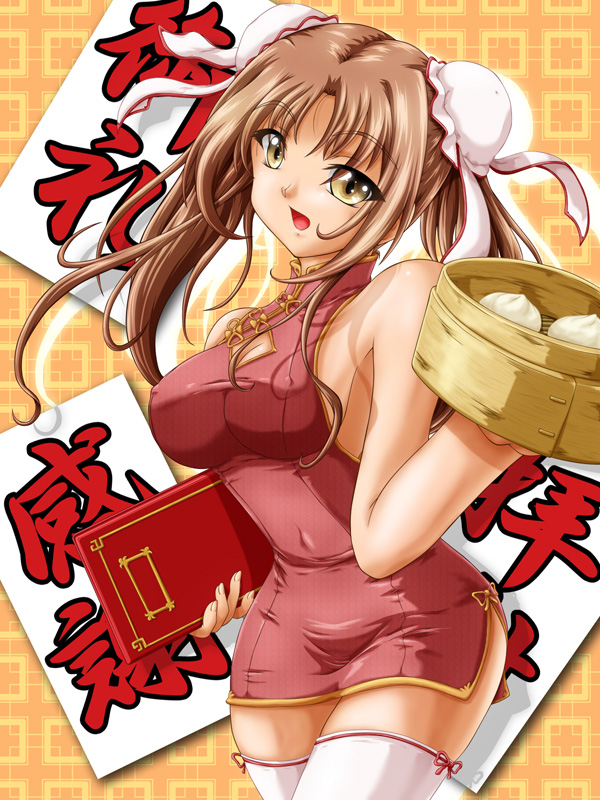 bamboo_steamer baozi bare_shoulders breasts brown_hair bun_cover china_dress chinese_clothes copyright_request curvy double_bun dress food large_breasts sideboob smile solo tanan thighhighs tight waitress white_legwear yellow_eyes