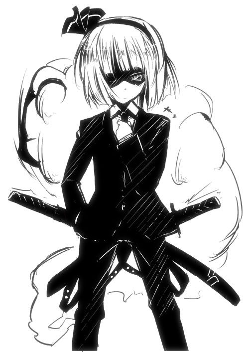 formal gochou_(atemonai_heya) greyscale hitodama konpaku_youmu konpaku_youmu_(ghost) monochrome pant_suit sheath sheathed solo suit sword touhou weapon