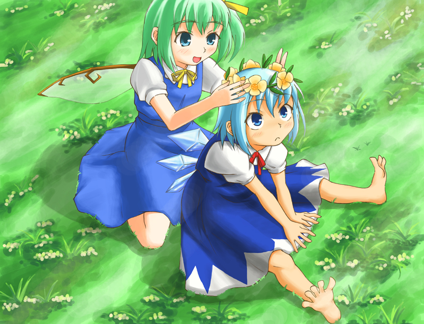 bangs barefoot blue_hair cirno daiyousei kusogappa multiple_girls touhou