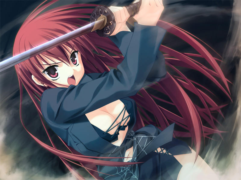 breasts cleavage dutch_angle empty_x_embryo game_cg jpeg_artifacts katana kifune_mio kobuichi large_breasts long_hair miniskirt navel open_mouth red_eyes red_hair skirt solo spider_web_print sword weapon