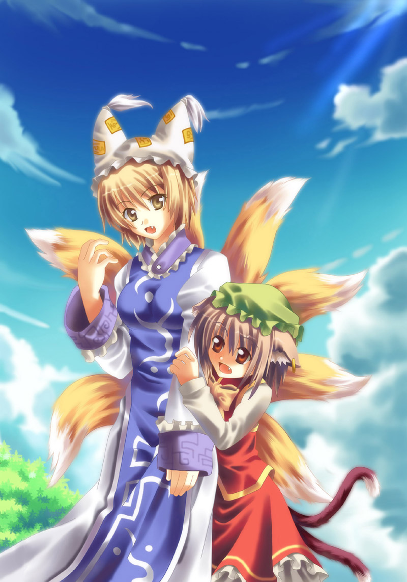 animal_ears artist_request blonde_hair blue_sky brown_eyes brown_hair cat_ears cat_tail chen cloud day earrings fang fox_tail hat jewelry long_sleeves multiple_girls multiple_tails open_mouth pillow_hat short_hair sky surcoat tabard tail tassel touhou yakumo_ran yellow_eyes
