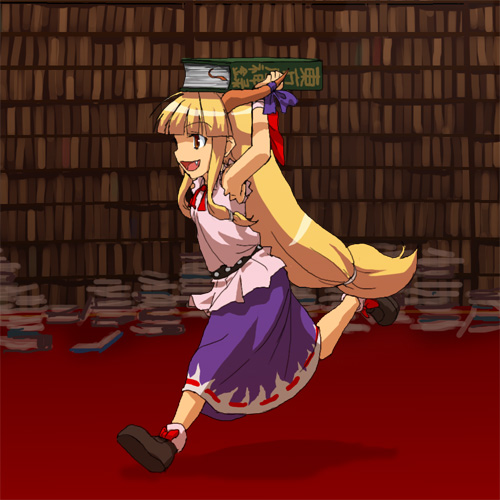 :d arms_up artist_request blonde_hair book book_on_head bookshelf carrying_overhead fang holding holding_book horn_ribbon horns ibuki_suika indoors library long_hair lowres object_on_head open_mouth red_eyes ribbon running skirt smile solo touhou very_long_hair voile