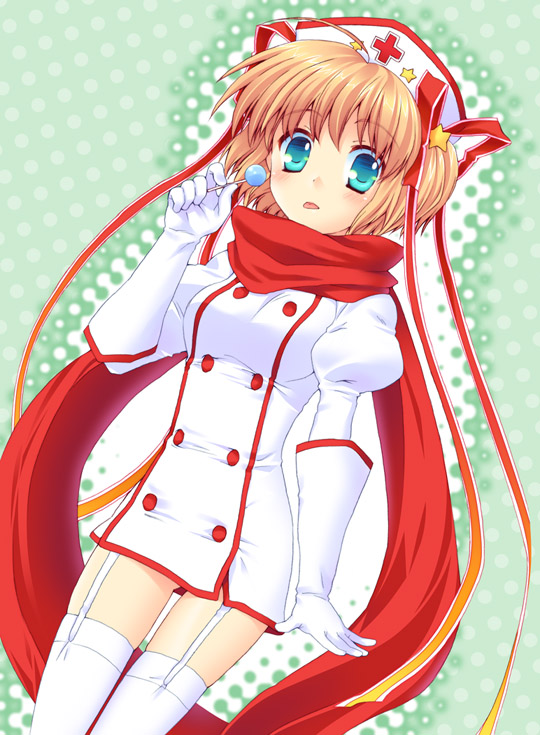 blonde_hair blush candy food fuyuichi gloves green_eyes hair_ribbon kamikita_komari little_busters! lollipop nurse ribbon scarf short_hair solo thighhighs