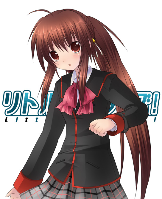 6u_(eternal_land) :o ahoge blazer blush bow bowtie brown_eyes brown_hair grey_skirt jacket little_busters! long_sleeves looking_at_viewer natsume_rin parted_lips pink_bow plaid plaid_skirt pleated_skirt red_bow red_neckwear simple_background skirt solo white_background