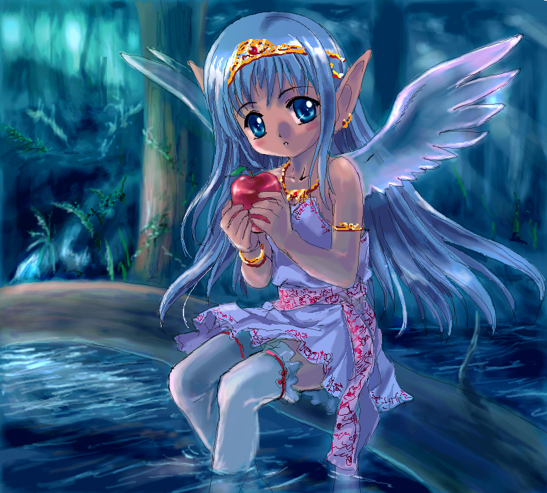 apple copyright_request crown food forest fruit hat holding holding_food holding_fruit mutsuki_(moonknives) nature non-web_source oekaki pointy_ears sitting soaking_feet solo thighhighs water wings