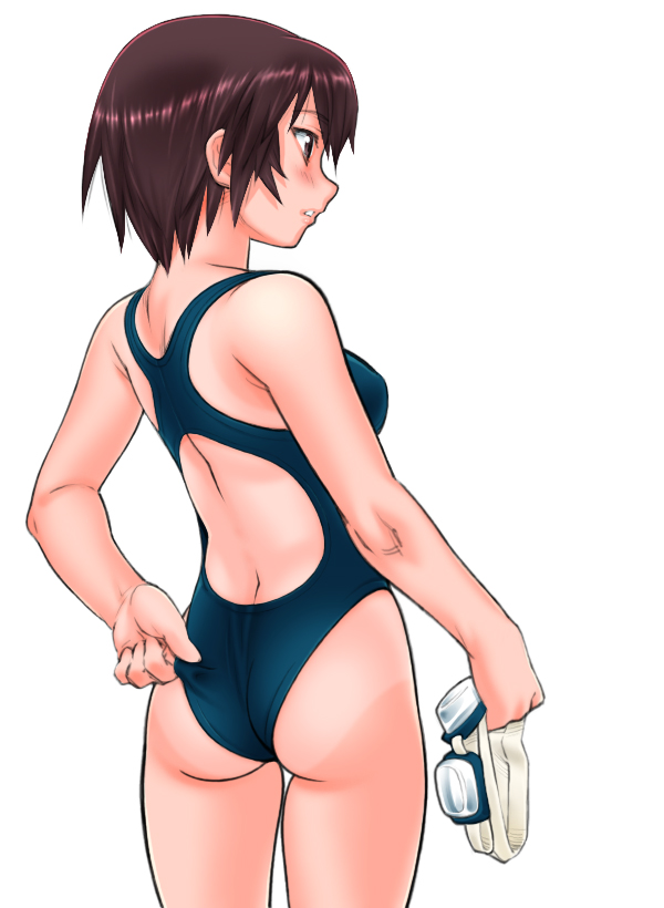 adjusting_clothes adjusting_swimsuit artist_request ass azumanga_daiou competition_swimsuit goggles goggles_removed kagura_(azumanga_daiou) one-piece_swimsuit one-piece_tan simple_background solo swim_cap swimsuit tan tanline white_background