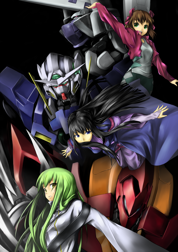 amami_haruka armor artist_request black_hair brown_hair c.c. code_geass dress falling full_body green_eyes green_hair gundam gundam_00 gundam_exia guren_nishiki idolmaster idolmaster_xenoglossia imber long_hair long_sleeves looking_at_viewer machinery marina_ismail mecha multiple_girls outstretched_arms purple_dress robe upper_body very_long_hair wide_sleeves yellow_eyes