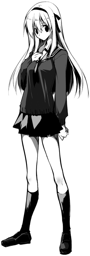 1girl arms_behind_back blush bow bowtie copyright_request full_body greyscale kneehighs loafers looking_at_viewer miniskirt monochrome pleated_skirt school_uniform shoes sidelocks simple_background skirt solo standing white_background