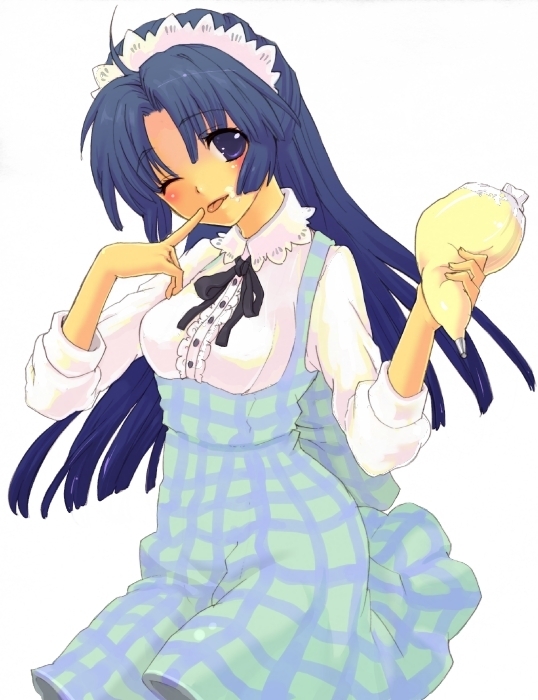 ahoge asakura_ryouko blue_hair blush breasts dress finger_to_mouth large_breasts long_hair looking_at_viewer maid_headdress one_eye_closed pastry_bag purple_eyes simple_background solo suzumiya_haruhi_no_yuuutsu tomako tongue tongue_out white_background