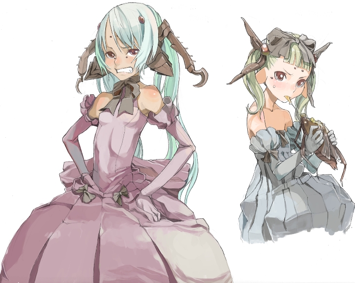 bare_shoulders bug copyright_request dress eating fakepucco insect insect_girl monster_girl multiple_girls ribbon twintails