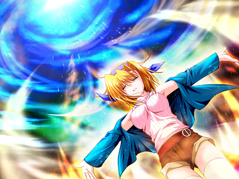 ahoge alpha_(yukai_na_nakamatachi) armpits bangs bare_shoulders belt belt_buckle breasts buckle closed_eyes cloud dutch_angle game_cg glowing hair_between_eyes hairband jacket kokonoe_machiru large_breasts magic midriff navel off_shoulder open_clothes open_jacket orange_hair outdoors outstretched_arms outstretched_hand parted_lips rain ribbed_sweater shirt short_hair short_shorts shorts sky sleeveless sleeveless_shirt sleeveless_turtleneck solo spread_arms standing sweater tamayura_(akabei_soft) thigh_gap thighhighs turtleneck white_legwear