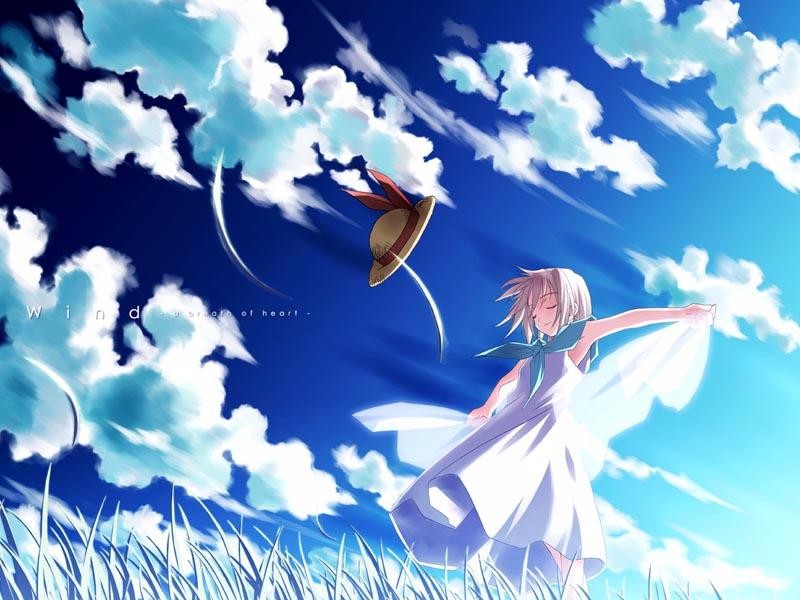 backlighting bare_arms blue_sky closed_eyes closed_mouth cloud copyright_name day dress duplicate from_below grass hat hat_loss hat_removed hat_ribbon headwear_removed outdoors outstretched_arms ribbon shawl sky smile solo spread_arms standing straw_hat tsukishiro_hikari wallpaper white_dress wind wind_a_breath_of_heart yuuki_tatsuya