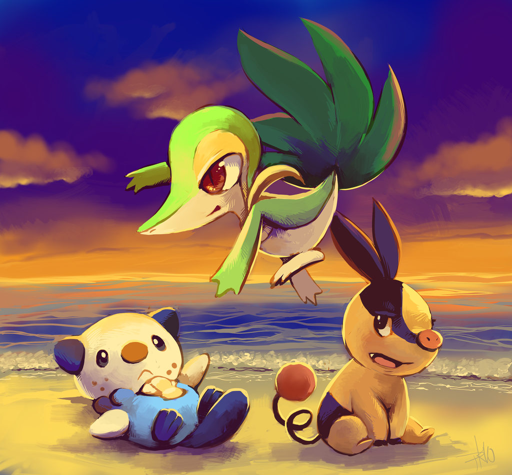 beach black_eyes cloud clouds mijumaru nintendo oshawott pokabu pokemon pokemon_(game) pokemon_black_and_white pokemon_bw purple_kecleon red_eyes sky snivy sunset tepig tsutaaja water