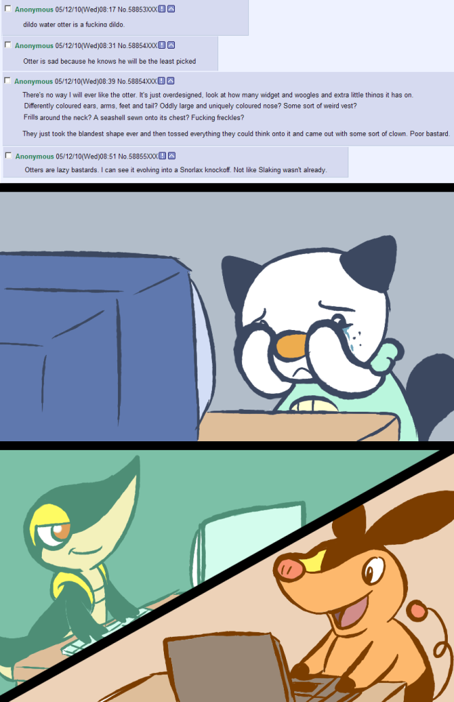 4chan :&lt; bullying computer computer_keyboard english fiztheancient laptop mijumaru no_humans oshawott pokabu pokemon pokemon_(game) pokemon_black_and_white pokemon_bw simple_background snivy tears tepig tsutaaja