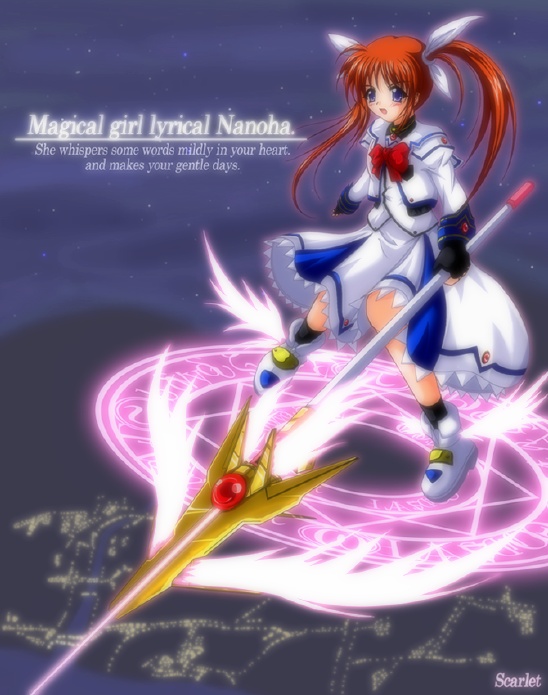 artist_request bow copyright_name energy_wings fingerless_gloves gloves left-handed lyrical_nanoha magic_circle magical_girl mahou_shoujo_lyrical_nanoha mahou_shoujo_lyrical_nanoha_a's octagram purple_eyes raising_heart red_bow red_hair shoes solo star_of_lakshmi takamachi_nanoha twintails winged_shoes wings