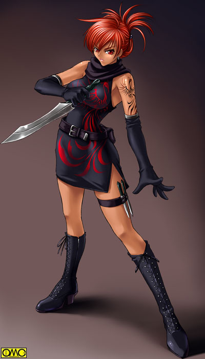 bare_shoulders boots brown_eyes china_dress chinese_clothes dark_skin dress elbow_gloves frown gloves hei_feng kagami_hirotaka knife omc red_hair serious short_hair side_slit solo sword tattoo thigh_strap tokyo_kaidan weapon