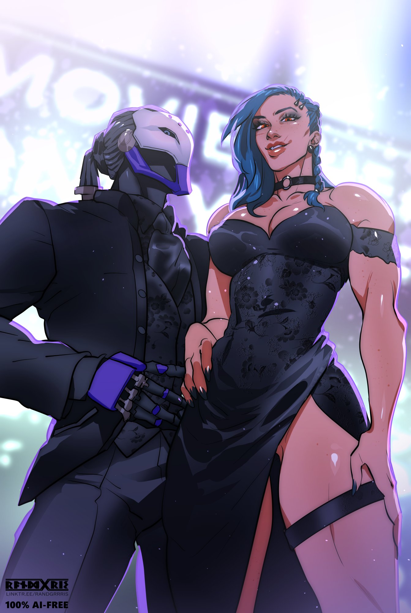 1boy 1girl artist_logo billboard black_dress black_pants black_shirt black_suit blue_hair dress formal from_below highres junker_queen_(overwatch) muscular muscular_female neon_lights omnic overwatch overwatch_2 pants ramattra_(overwatch) shirt strstyler suit wire