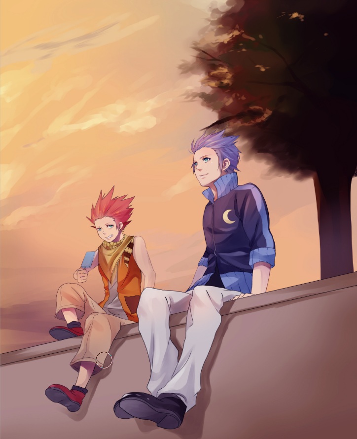 2boys aged_down bandana bandana_around_neck black_footwear blue_hair blue_jacket brown_pants child cloud cloudy_sky commentary_request crescent food green_eyes grin hands_on_ground high_collar holding holding_food holding_popsicle isa_(kingdom_hearts) jacket kingdom_hearts kingdom_hearts_birth_by_sleep knee_up lea_(kingdom_hearts) looking_at_another looking_up male_focus minatoya_mozuku multiple_boys open_clothes open_vest orange_sky orange_vest outdoors pants popsicle red_footwear red_hair shirt shoes short_hair sitting sky smile tree twilight vest white_pants white_shirt yellow_bandana