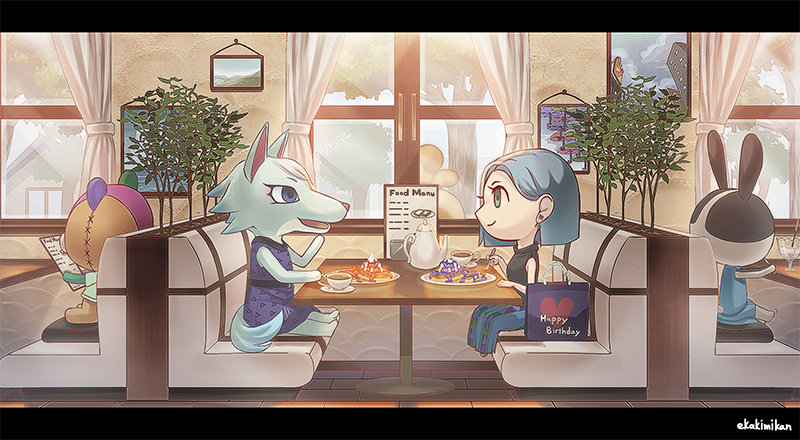 1boy 3girls animal_crossing artist_name bag bear_boy black_sweater blue_dress blue_eyes blue_hair blue_skirt blunt_ends blush booth_seating closed_mouth coffee coffee_mug coffee_pot cup curtains day dotty_(animal_crossing) dress drinking_glass earrings eyelashes food fork furry furry_female furry_male green_eyes green_shirt hair_behind_ear happy_birthday heart holding holding_fork house indoors jewelry letterboxed long_skirt menu mikan@renshu-chu mug multiple_girls open_mouth pancake picture_frame plant plate profile rabbit_girl restaurant saucer shirt shopping_bag short_hair short_sleeves sitting skirt sleeveless sleeveless_dress sleeveless_sweater smile stitches_(animal_crossing) strawberry_syrup sweater syrup t-shirt table tile_floor tiles tree triangle_print turtleneck turtleneck_sweater villager_(animal_crossing) whipped_cream whitney_(animal_crossing) window wolf_girl
