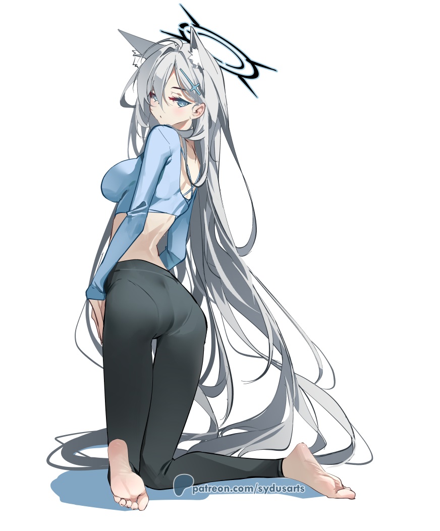 1girl alternate_costume animal_ear_fluff animal_ears barefoot black_pants blue_archive blue_eyes blue_shirt breasts closed_mouth cross_hair_ornament dark_halo extra_ears feet full_body grey_hair hair_between_eyes hair_ornament halo knees_together_feet_apart large_breasts legs long_hair long_sleeves pants shiroko_(blue_archive) shiroko_terror_(blue_archive) shirt simple_background soles solo sydus toenails toes white_background wolf_ears