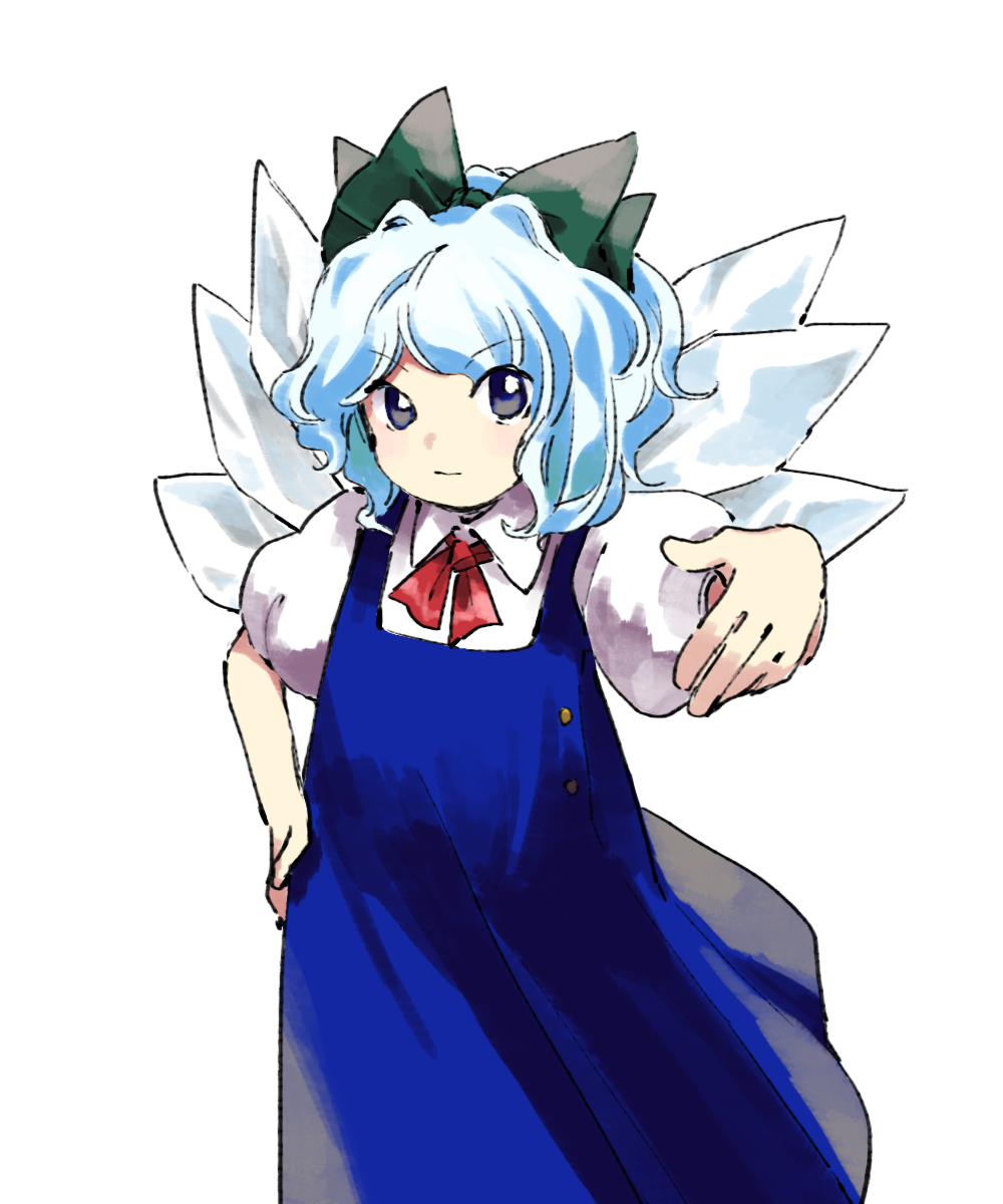 1girl blue_dress cirno closed_mouth collared_shirt commentary_request dress flat_chest green_ribbon grey_hair hair_ribbon hand_on_own_hip hand_up highres ice ice_wings kaigen_1025 medium_hair neck_ribbon phantasmagoria_of_flower_view pinafore_dress puffy_short_sleeves puffy_sleeves red_ribbon ribbon shirt short_sleeves simple_background sleeveless sleeveless_dress touhou white_background white_shirt wings