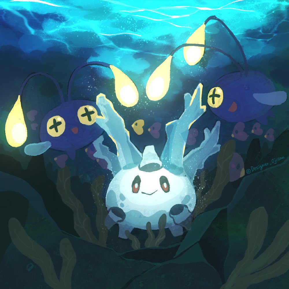 :d alternate_color antennae artist_name bright_pupils brown_eyes chinchou closed_mouth commentary_request cross-shaped_pupils designer_ojisan fish galarian_corsola looking_at_viewer luvdisc no_humans open_mouth pokemon pokemon_(creature) rock seaweed shiny_pokemon smile symbol-shaped_pupils twitter_username underwater water white_pupils yellow_eyes