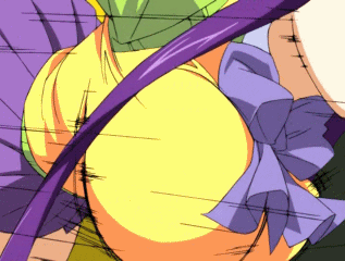 animated animated_gif bouncing_breasts breasts eiken huge_breasts lowres misono_kirika purple_hair solo sweater unaligned_breasts