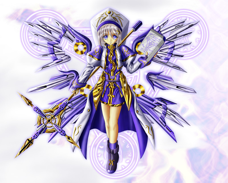 artist_request beret blue_dress book dress full_body hair_ornament hat holding holding_weapon long_sleeves looking_at_viewer lyrical_nanoha mahou_shoujo_lyrical_nanoha mahou_shoujo_lyrical_nanoha_a's polearm schwertkreuz solo spear staff tome_of_the_night_sky uniform weapon x_hair_ornament yagami_hayate