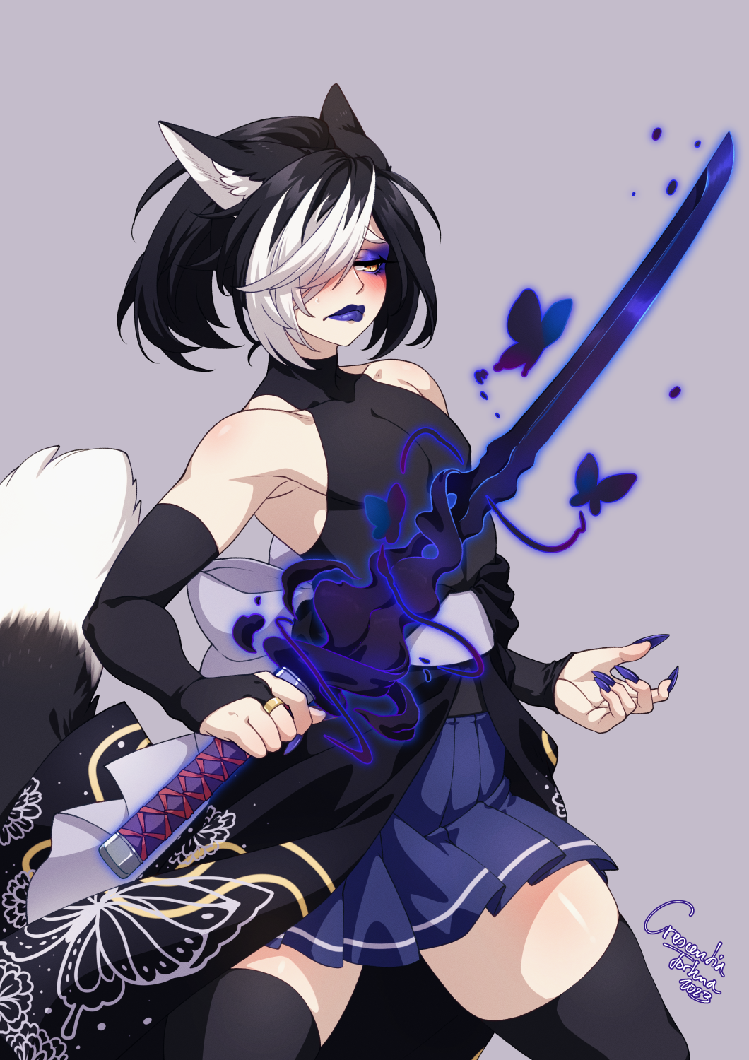 5_fingers animal_humanoid biped black_hair blush bottomwear canid canid_humanoid canine canine_humanoid clothed clothing crescentia_fortuna crossdressing dipstick_tail fingers fox_humanoid hair hair_over_eye hi_res holding_object holding_sword holding_weapon humanoid inner_ear_fluff katana male mammal mammal_humanoid markings melee_weapon mitama_yozora one_eye_obstructed skirt solo sword tail tail_markings tailed_humanoid tuft weapon