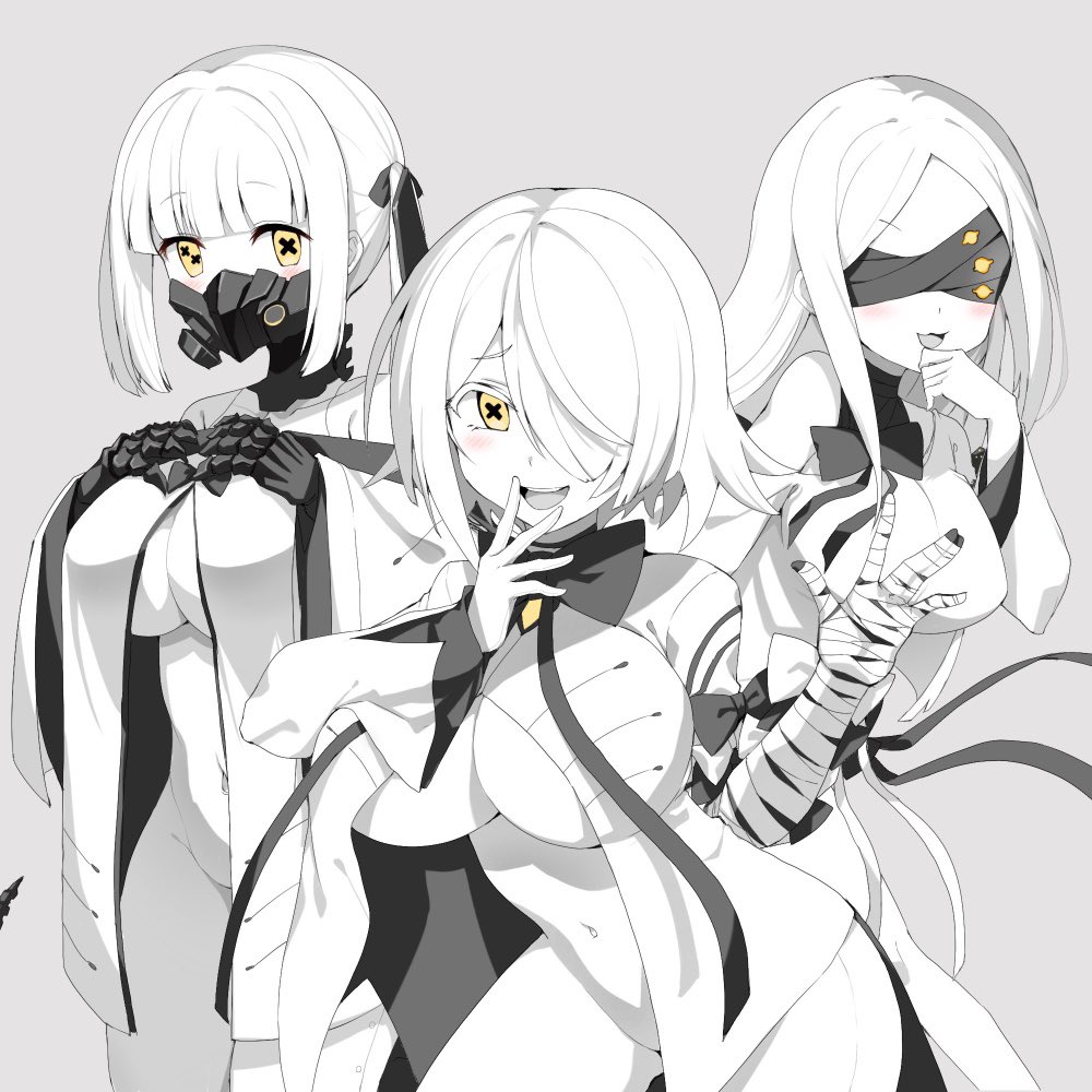 3girls alternate_breast_size ass black_dress black_mask black_tail blindfold blue_archive blush breasts colored_skin covered_eyes cowboy_shot dress edobox ein_(blue_archive) feet_out_of_frame grey_background groin hair_over_one_eye large_breasts long_hair long_sleeves looking_at_viewer mask medium_hair multiple_girls navel ohr_(blue_archive) open_mouth respirator short_hair simple_background smile sof_(blue_archive) symbol-shaped_pupils two_side_up white_dress white_hair white_skin wide_sleeves x-shaped_pupils yellow_eyes