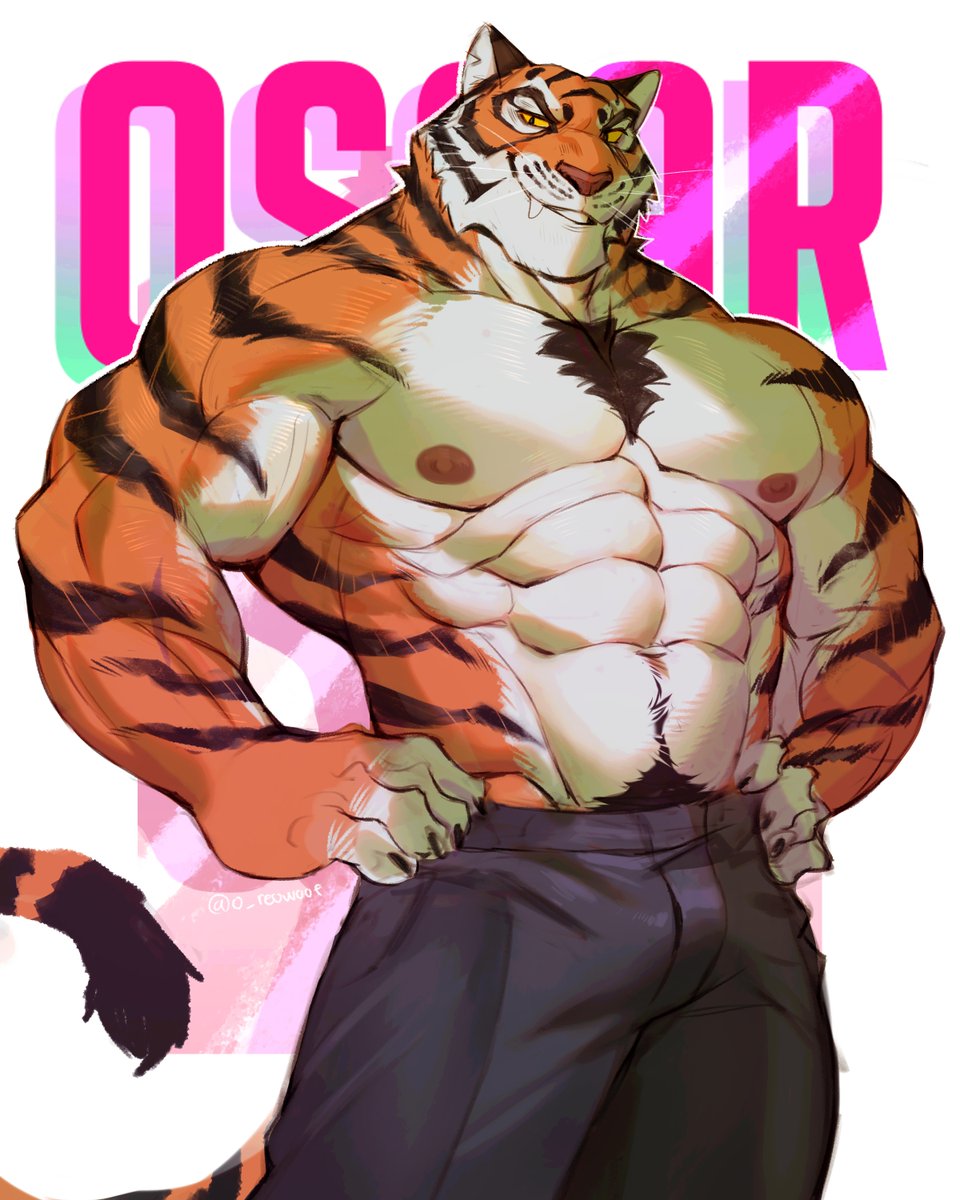 1boy animal_ears bara bulge chest_tuft feet_out_of_frame fortnite furry furry_male hands_on_own_hips highres large_hands large_pectorals male_focus mature_male muscular muscular_male navel navel_hair nipples o_reowoof orange_fur oscar_(fortnite) pectorals short_hair smile solo standing stomach strongman_waist thick_eyebrows tiger_boy tiger_ears topless_male white_fur