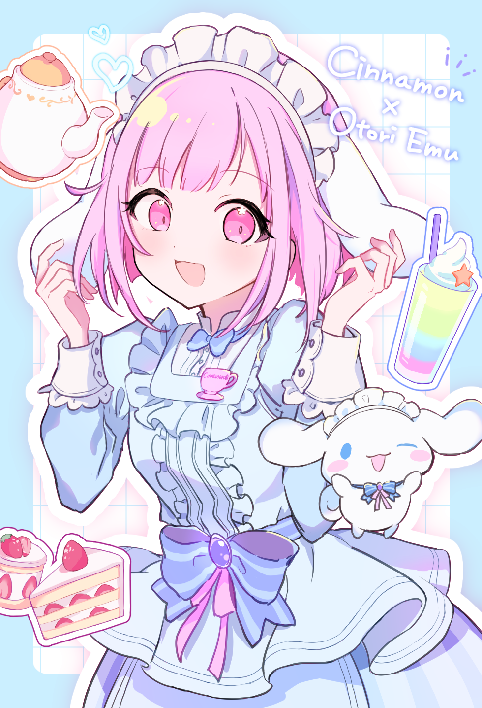1girl :d animal_ears apron blue_border blue_bow blue_bowtie blue_dress blunt_bangs blush blush_stickers border bow bowtie brooch cake cake_slice center_frills character_name cinnamoroll commentary_request cup dog_ears dress drinking_straw food frilled_apron frills fruit gem grid_background hands_up heart highres jewelry long_sleeves looking_at_viewer maid maid_headdress natsuna_(momomoiro) ootori_emu open_mouth outside_border parted_bangs pink_eyes pink_hair pink_ribbon project_sekai purple_gemstone ribbon sanrio short_hair sidelocks simple_background sleeve_cuffs smile smoothie star_(symbol) strawberry strawberry_shortcake teapot whipped_cream white_background
