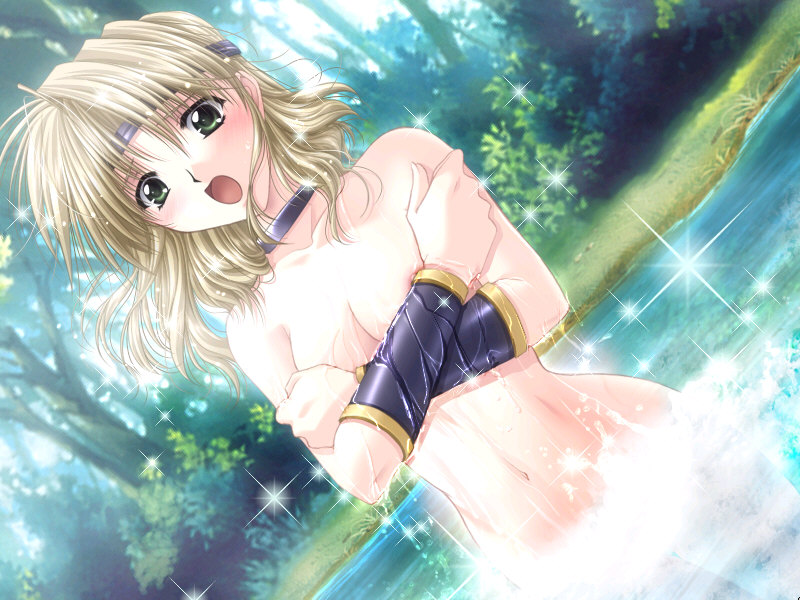 bathing blonde_hair castle_fantasia_3 covering covering_breasts crossed_arms dutch_angle game_cg green_eyes levian_forms nude solo sparkle yamamoto_kazue
