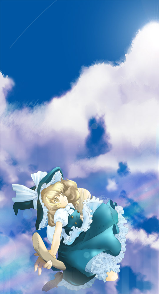 artist_request blonde_hair broom broom_riding cloud condensation_trail day kirisame_marisa sidesaddle sky solo touhou